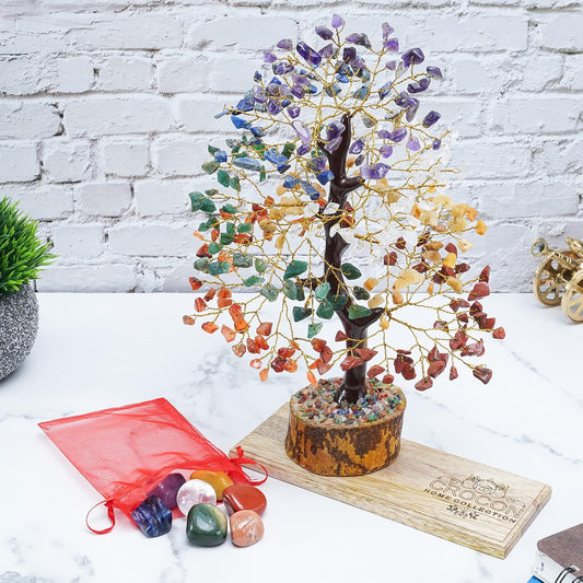7 Chakra Tree of Life - Crystal Tree of Life with Seven Chakra Tumbles, Wooden Decor Base Tray, Handmade Gemstone Tree, Crystal Decorations, Spiritual Gifts, Artificial Tree, Feng Shui Decor Tree